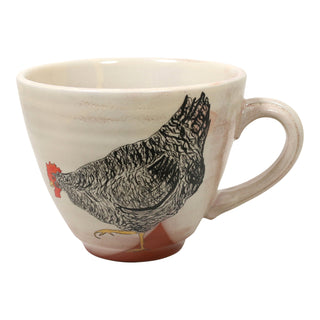 Ceramic mug with a chicken design on a white background