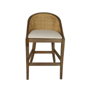 Wooden bar stool with wicker backrest and white cushion on a white background