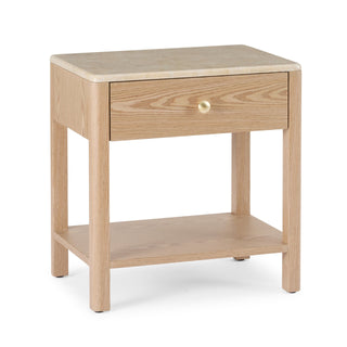Wooden side table with a drawer on a white background