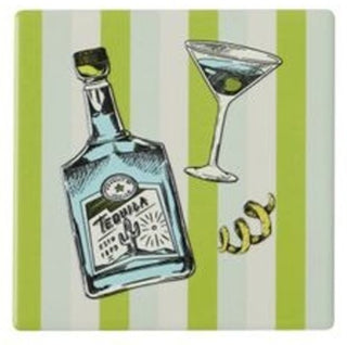 Coaster with tequila bottle and martini glass illustration on a striped background