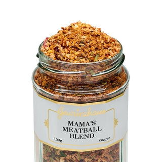 Jar of 'Mama's Meatball Blend' spice mix on a white background