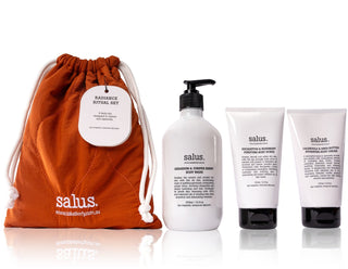 Salus skincare product set with drawstring bag on a white background