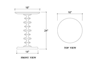 Dimensions of a decorative pedestal table shown from front and top views.