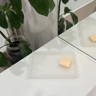 Bar of soap on a white soap dish with plants in the background