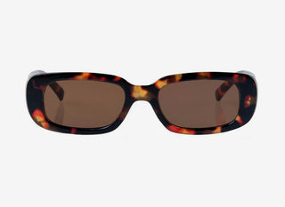 Sunglasses with tortoiseshell frame and brown lenses on a white background