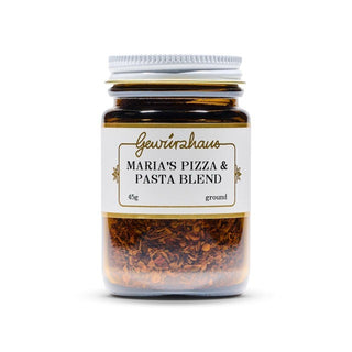 Jar of Maria's Pizza & Pasta Blend with a white label on a white background