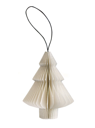 White pleated paper tree ornament on a white background