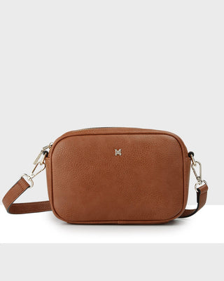 Brown leather crossbody bag on a white background