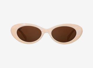 Beige sunglasses with brown lenses on a white background