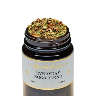 Jar of 'Everyday Eggs Blend' with a white label on a white background