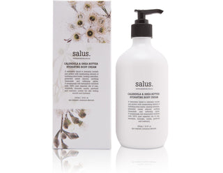 Salus body cream bottle and packaging on a white background