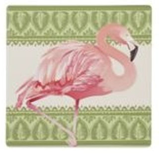 Pink flamingo on a green patterned background coaster