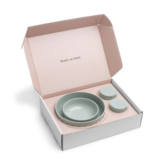 Set of ceramic bowls in a pink and white box with 'Becky, set, lunch.' text.