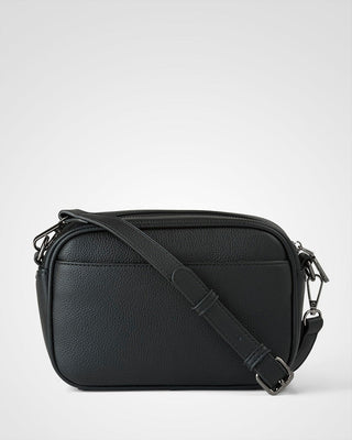 Black leather crossbody bag on a white background