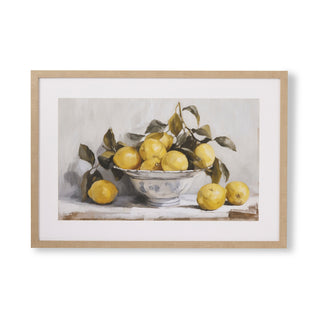Framed artwork of lemons in a bowl on a white background