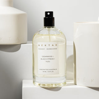 Nektar room mist bottle with label on a light background