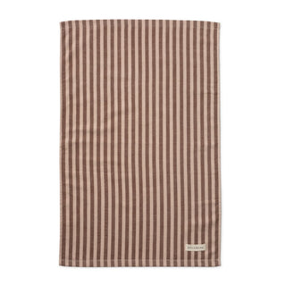 Towel with brown and beige vertical stripes on a white background