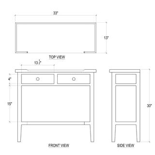 Technical drawing of a vanity with dimensions labeled