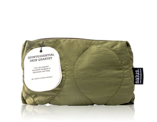 Green travel pouch with a label on a white background