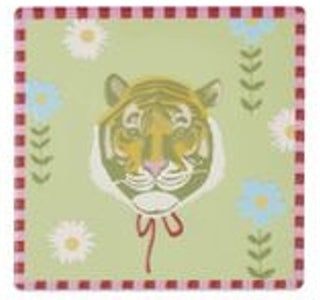Embroidered tiger design on a green background with flowers and a red checkered border coaster