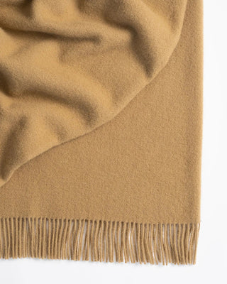 Close-up of a beige blanket with fringed edge on a white background