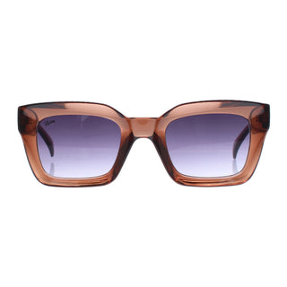 Sunglasses with brown frame and gradient purple lenses on a white background