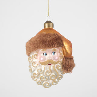Decorative Christmas ornament shaped like a face with a beard, wearing a brown hat, on a white background.