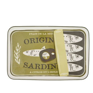 Rectangular tin with sardine design and a can of sardines on a white background