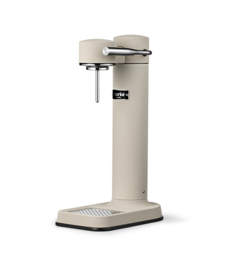 Beige soda dispenser with a brand logo on a white background