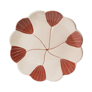 Decorative plate with red leaf pattern on a white background
