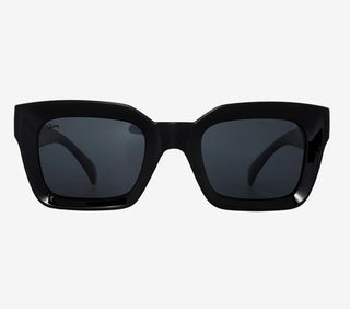 Black sunglasses with dark lenses on a white background