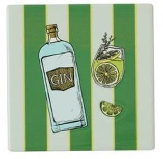 Coaster with a design of a gin bottle and glass on a green and white striped background