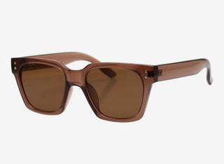 Brown sunglasses with a clear frame on a white background