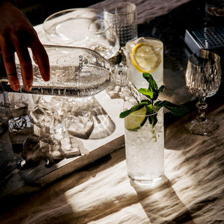 Person pouring water into a glass with lemon and mint on a wooden table.