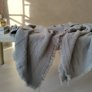 Gray textured blanket draped over a chair in a softly lit room.