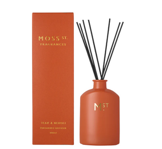 Moss St. Fragrances diffuser bottle and packaging on a white background