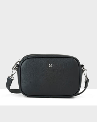 Black crossbody bag on a white background
