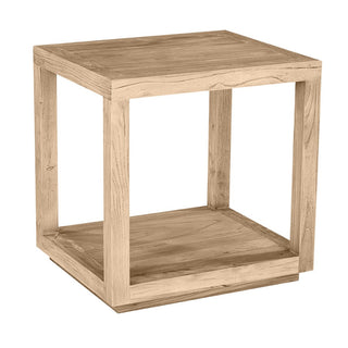 Wooden side table with a natural finish on a white background
