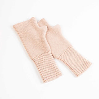 Pair of light pink fingerless gloves on a white background