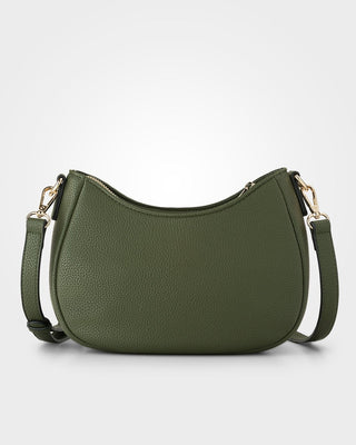 Green handbag with gold accents on a white background
