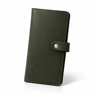 Green leather planner with a silver buckle on a white background