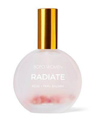 Perfume bottle labeled 'Radiate' by Bopo Women with a gold cap on a white background