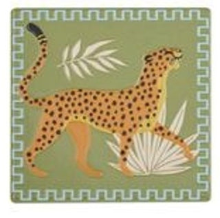 Decorative tile with a cheetah design on a green background coaster