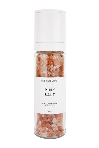 Tasteology pink salt container on a white background