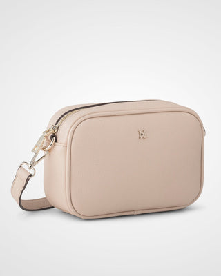 Beige crossbody bag with a visible brand logo on a white background