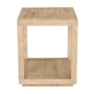 Wooden side table with a natural finish on a white background