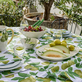 Outdoor dining table setting with a green and white patterned tablecloth, fruit, and salad.